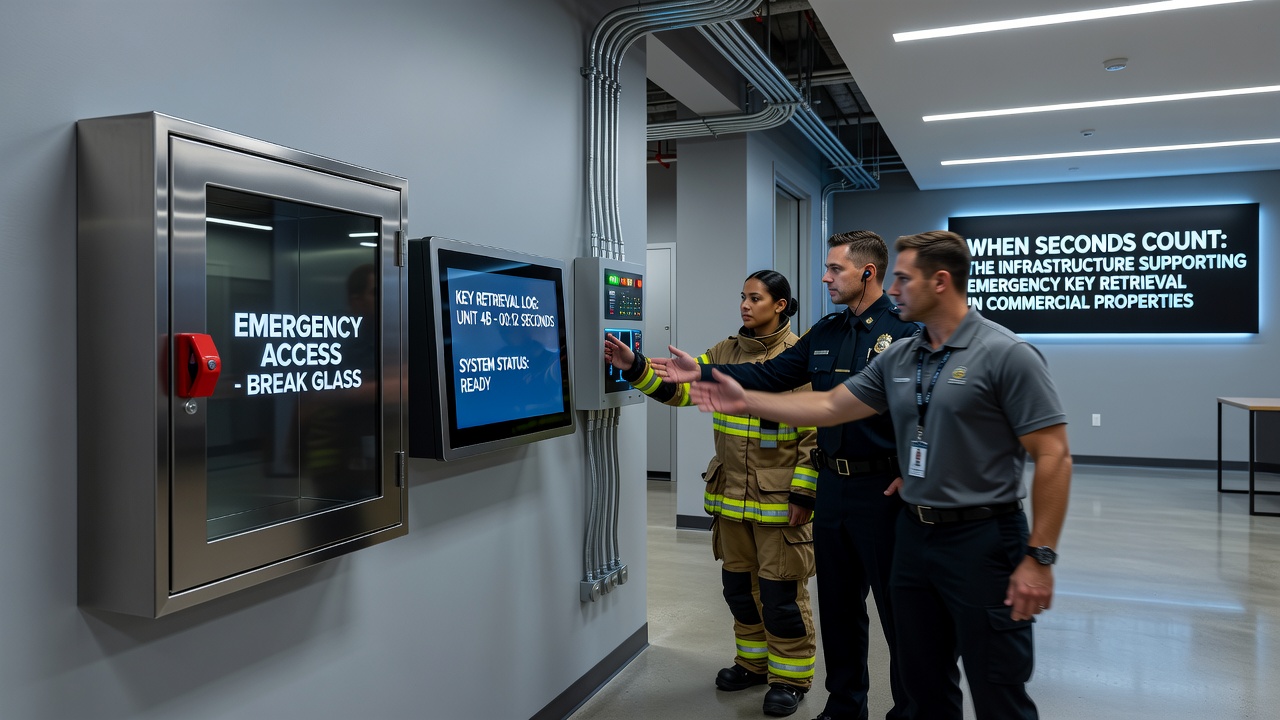 Interior view of commercial property emergency response coordination showing key retrieval stations connected to building alarm panels and monitoring systems